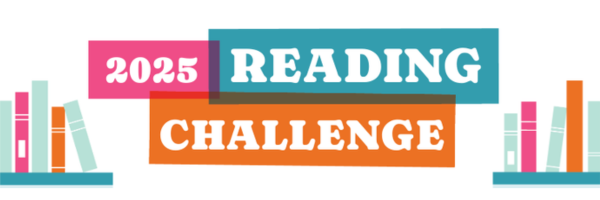 Illustration with text "2025 Reading Challenge" with shelves of books on either side of the text.