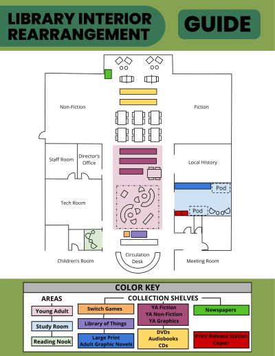 A layout guide for the library showing the new floor plan and with a color key indicating the new location of collections in the library.
